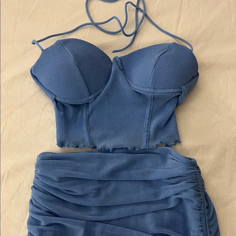 Lettuce Trim Tie Backless Crop Halter Top & Drawstring Side Bodycon Skirt - Picture 5 of 6